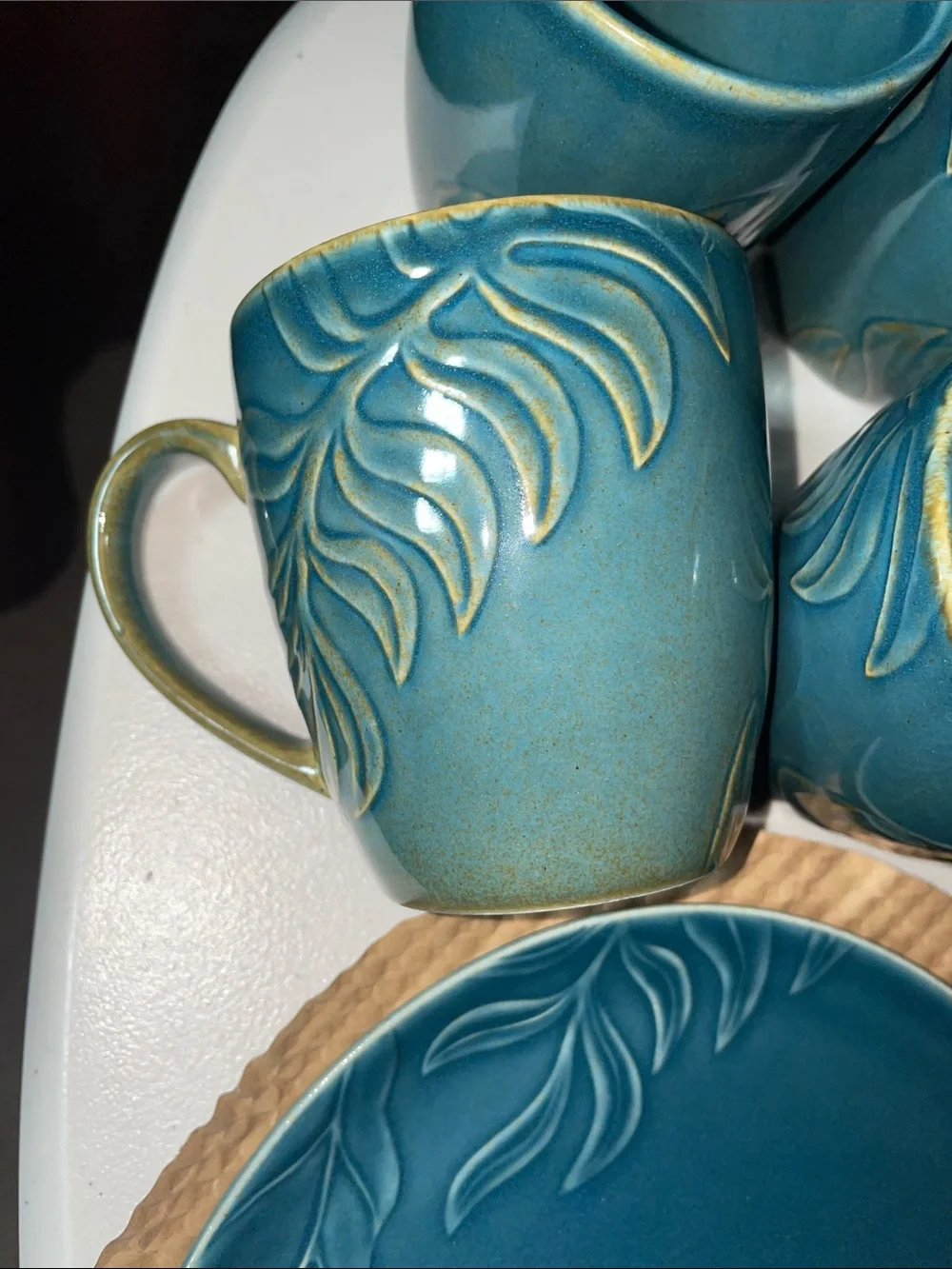 Corona Teal Embossed Leaf Tropical Dinnerware Set